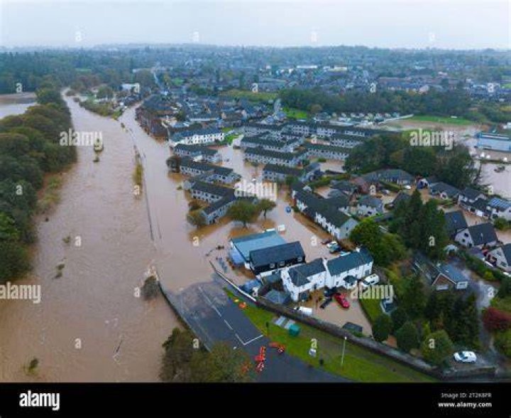 Aerial views of Brechin in Angus after the River South Esk burst its banks