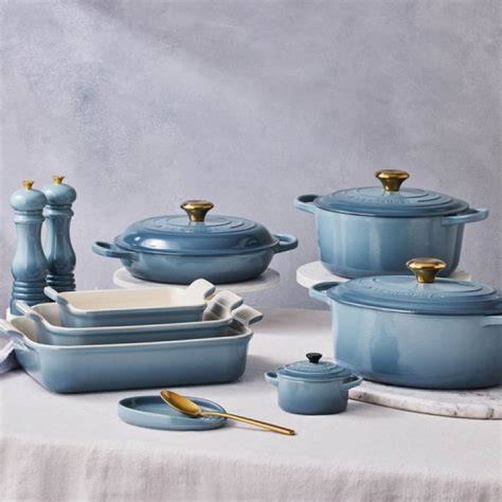 Blue Le Creuset Stoneware Heritage Set 3 Rectangular Dishes on counter