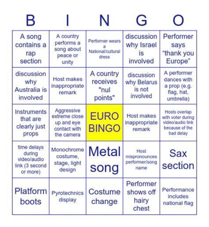  Eurovision Bingo card