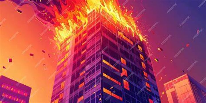 Flames burn towards a building amid the chaos