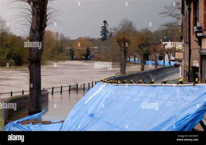  Flood barriers hold back the River Severn in nearby Ironbridge