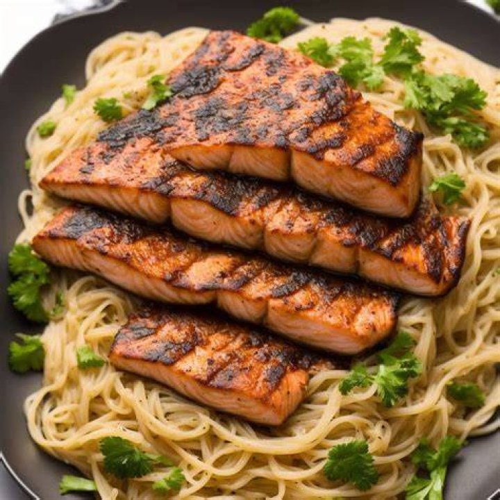 Grilled miso salmon with noodles, spring onions and beansprouts