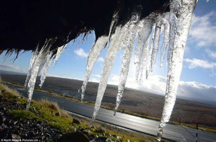  Huge icicles form on moorland in Teesdale, County Durham as sub-zero temperatures spread south over the UK yesterday