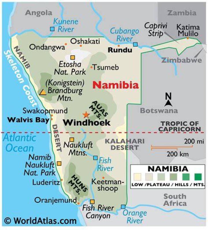 Namibia lies in the south western part of Africa, map