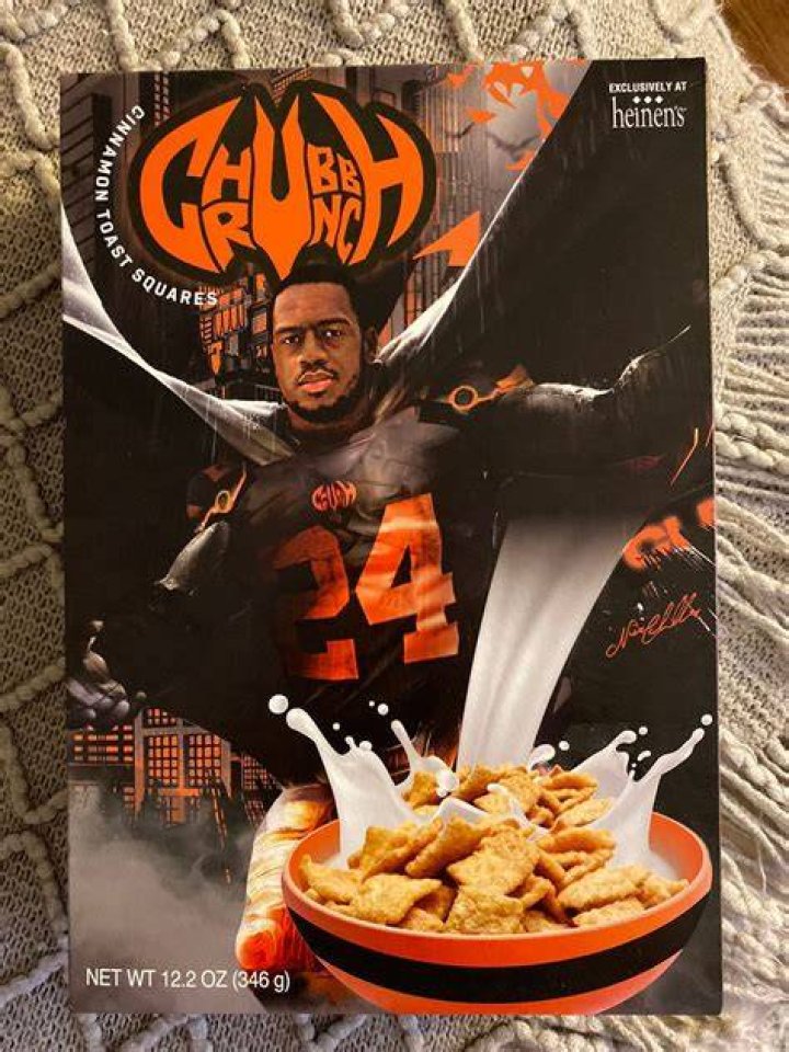 Nick chubb with his cereal Chubb crunch (Source shopify.com)