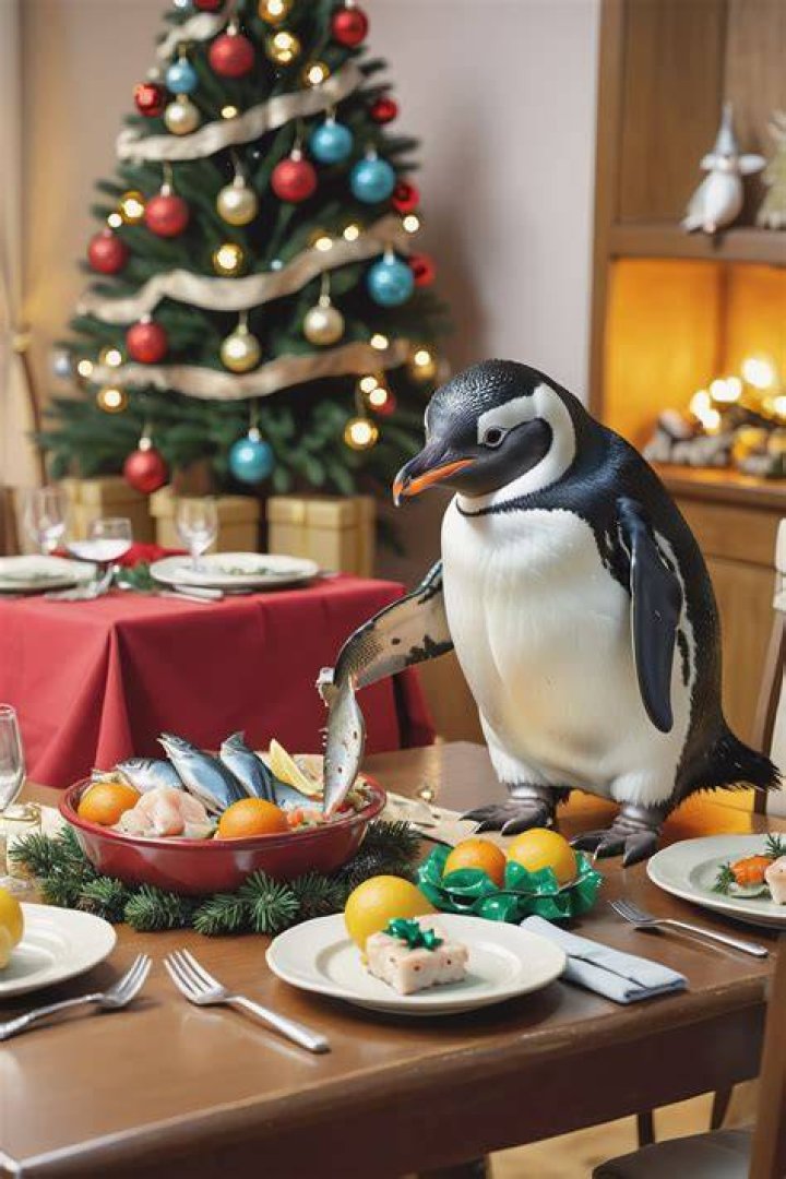 Penguin at dinner table
