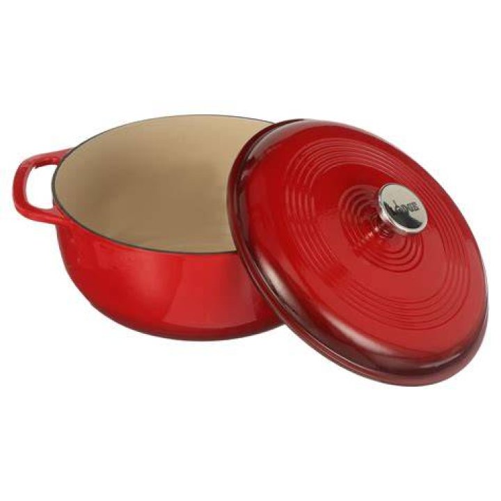 Red Lodge 6 Quart Enameled Cast Iron Dutch Oven with Lid on table