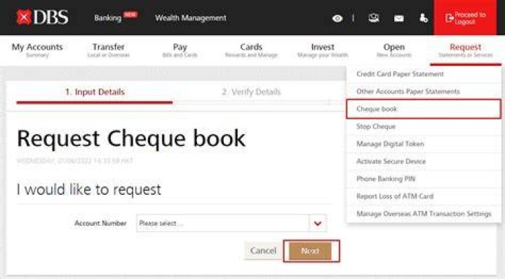 Select Cheque Book Request in SBI Yono