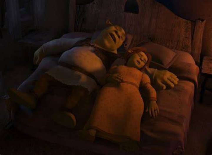 Shrek and Fiona sleeping with their kids in between them