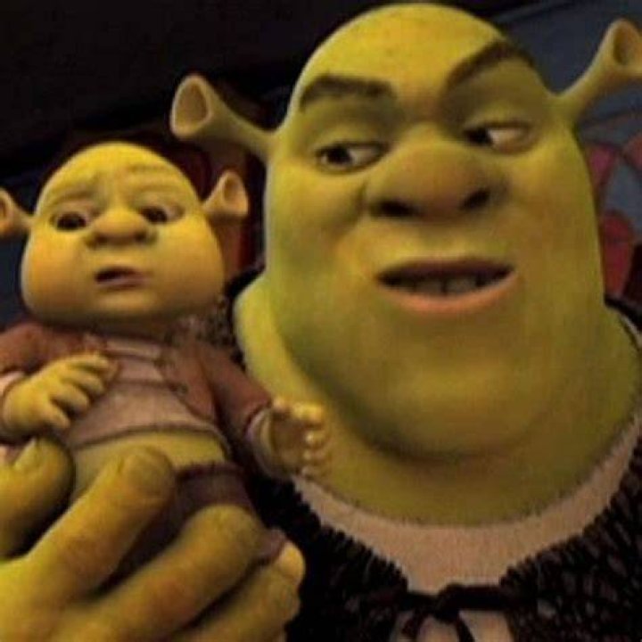 Shrek holding his baby with mud on his face