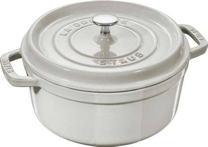White STAUB Cast Iron Dutch Oven 4-qt Round Cocotte surrounded by vegetables